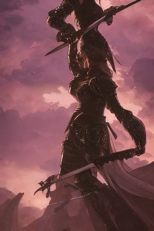 Image similar to a beautiful render of female warrior, gothic background, leather armor, wielding a sword, a beautiful face, perfectly shaded, atmospheric lighting, style of makoto shinkai, raphael lacoste, louis comfort tiffany, artgerm, karol bak, james jean, alphonse maria mucha