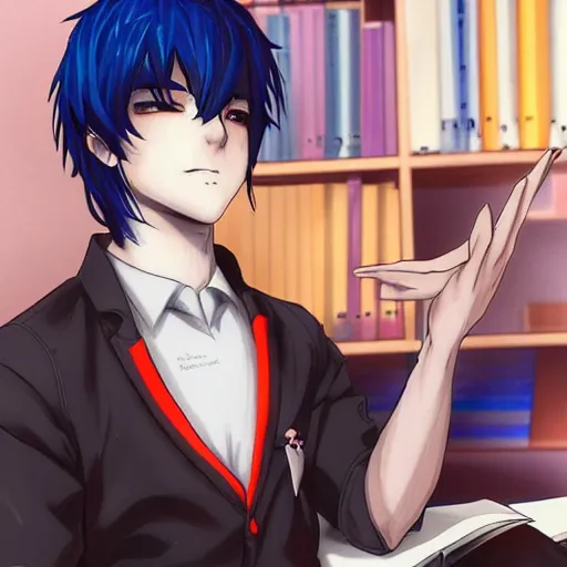 Image similar to aloof anime man with emo hair wearing jock clothes, standing in headmistress's office, smug grin, smug expression, punchable expression, punchable face, sharp details, subsurface scattering, intricate details, art by artgerm, anime, anime hd wallpaper, 2 0 1 9 anime screenshot