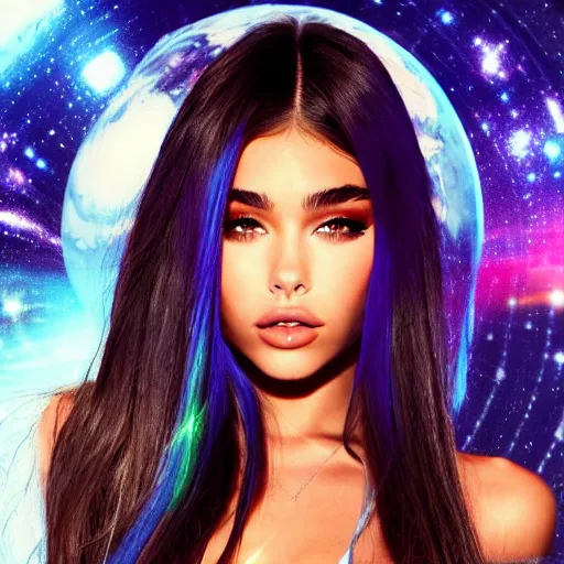 Image similar to madison beer a an intergalactic popstar dancing on a planet, render, blender render, unity render, 4 k wallpaper, art station trending, artstation 4 k coherent, coherent, 4 k, detailed, hyperdetailed, artifact - free, completely coherent, sharp, madison beer