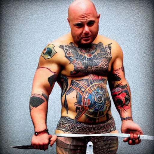 Image similar to muscular bald man, tattooed body, sword in hands, HD, anime style,