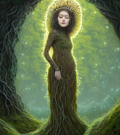 Image similar to full body portrait of teenage mushroom queen, long winding mycelium hair, peaceful expression, wearing clothing of lichen and fungus, bone jewelry, intricate, elegant, gem jewelry, mushroom cave, glowing lights, highly detailed, digital painting, artstation, concept art, smooth, sharp focus, illustration art by wlop, mucha, artgerm, and greg rutkowski