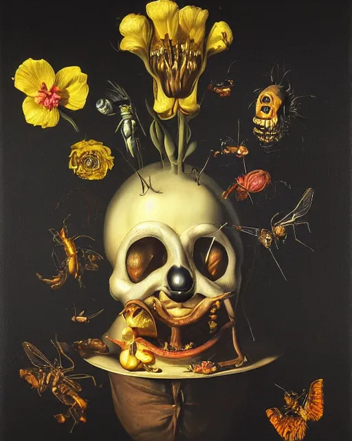 Image similar to refined gorgeous blended oil painting with black background by christian rex van minnen rachel ruysch dali todd schorr of a chiaroscuro portrait of an extremely bizarre disturbing mutated man made of still life flowers and rubber insects with shiny skin acne dutch golden age vanitas intense chiaroscuro cast shadows obscuring features dramatic lighting perfect symmetry perfect composition masterpiece