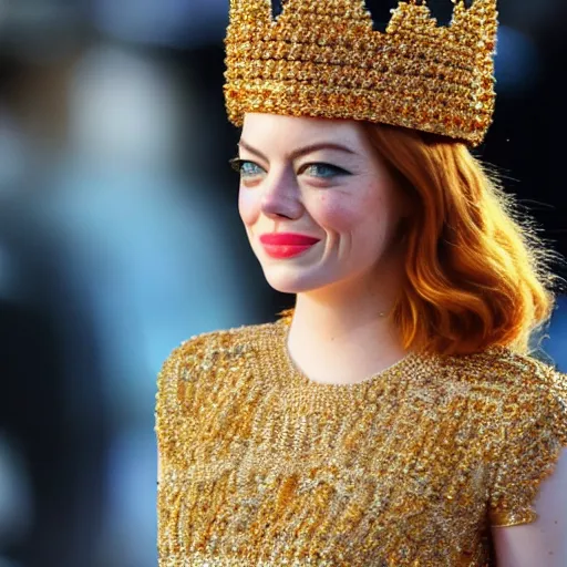 Image similar to A full body shot of Emma Stone wearing a golden Arabian crown , royality, high quality, fully detailed, 4k