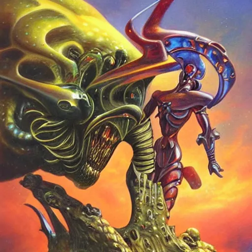 Image similar to a knight battling an alien king painting by boris vallejo & julie bell