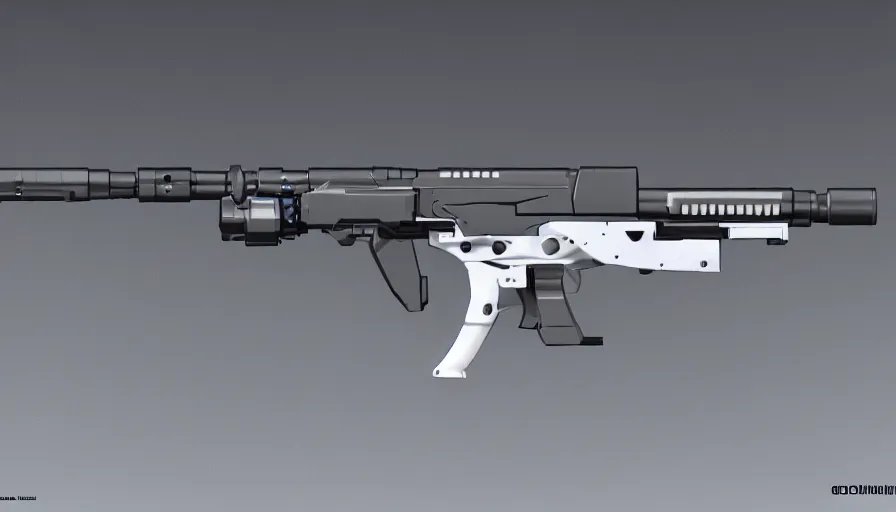 Image similar to extremely detailed ultra realistic side view photo sci fi minimalist coilgun rifle, detailed trigger, chemically propelled, electric, smooth streamline, elegant sleek smooth body, white paint, wires, railgun, chemrail, gauss, smooth utopian design, ultra high quality, octane, cod, destiny, warframe, terminator