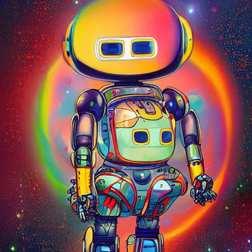 Prompt: a robot mascott by takashi murakami,, beeple and james jean, aya takano color style, 4 k, super detailed, night sky, digital art, digital painting, celestial, majestic, colorful