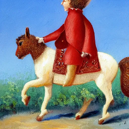 Prompt: napoleon riding a squirrel on the beach with crepe myrtles in the background, oil painting