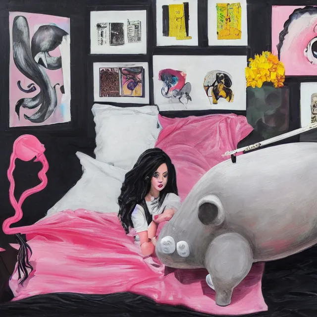 Image similar to a portrait in a female artist's bedroom, black walls, emo girl with a giant pig plushie, sheet music, berries, surgical supplies, pancakes, black flowers, sensual, octopus, neo - expressionism, surrealism, acrylic and spray paint and oilstick on canvas