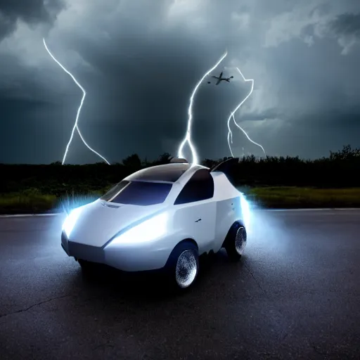 Prompt: futuristic flying car circumscribed by a circle made of lightning in storm clouds, 28mm dramatic photo