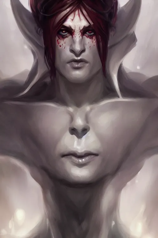 Image similar to djinn man male demon, portrait, full body character concept art, costume design, illustration, white horns from eyebrows, single face, cinematic color grading, editorial photo, fashion, hyperrealism, trending on artstation, Charlie Bowater, WLOP