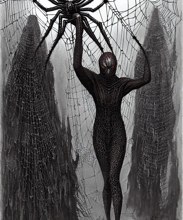 Image similar to a spiderwoman standing all covered in spiders. arachnophobia, fear of spiders, incredible number of spiders and bugs. extremely high details, spider paws and eyes, realistic, horror, creepy, web, masterpiece, art by zdzislaw beksinski, arthur rackham, dariusz zawadzki, ed binkley