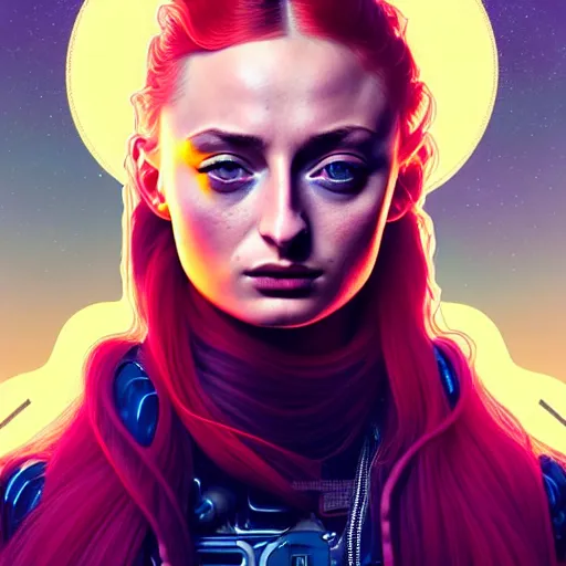 Prompt: high quality high detail portrait of a sophie turner as diesel punk character in an futuristic world, techwear, tristan eaton, victo ngai, artgerm, rhads, ross draws, hyperrealism, intricate detailed, alphonse mucha, pastel colors, vintage, artstation
