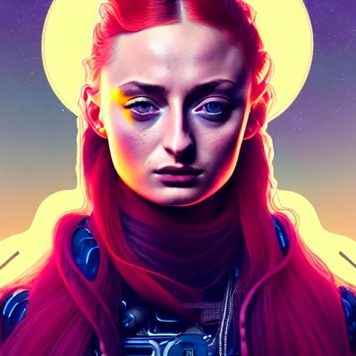 Image similar to high quality high detail portrait of a sophie turner as diesel punk character in an futuristic world, techwear, tristan eaton, victo ngai, artgerm, rhads, ross draws, hyperrealism, intricate detailed, alphonse mucha, pastel colors, vintage, artstation