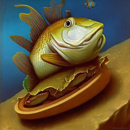 Prompt: a worried fish on the top of a pile of fish, all the fish are inside a cooking pot, side view, by vladimir kush, dystopian art, rococo