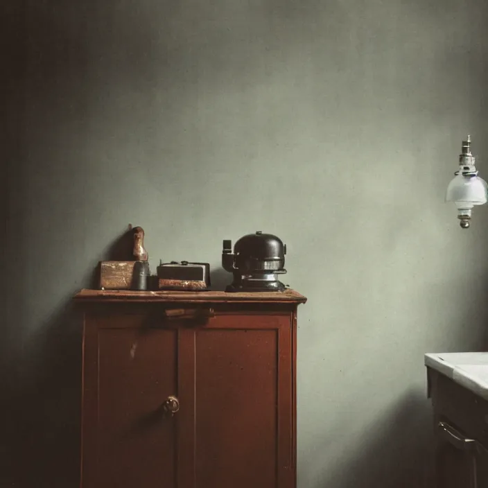 Prompt: kodak portra 4 0 0, wetplate, fisheye, award - winning portrait by britt marling, 1 9 2 0 s kitchen, ghost, picture frames, shining lamps, dust, smoke, 1 9 2 0 s furniture, wallpaper, carpet, books, muted colours, wood, fog,