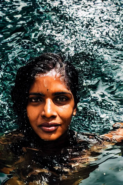 Prompt: a professional portrait photo of a sri lankan native woman, submerged in water, black hair, hunter, extremely high fidelity, natural lighting