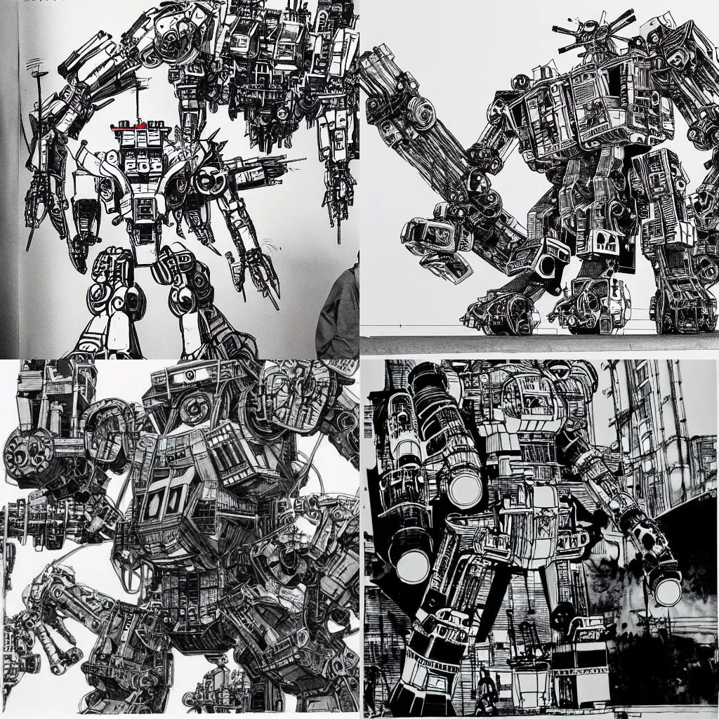 Prompt: engineers working on a giant mecha, art of Katsuhiro Otomo, ink artwork