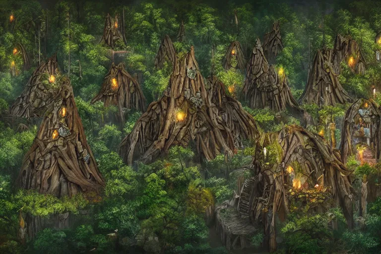 Image similar to a wood elf village suspended high in the redwood tree canopy, fantasy setting, dense vegetation, very detailed, d & d concept art, 4 k