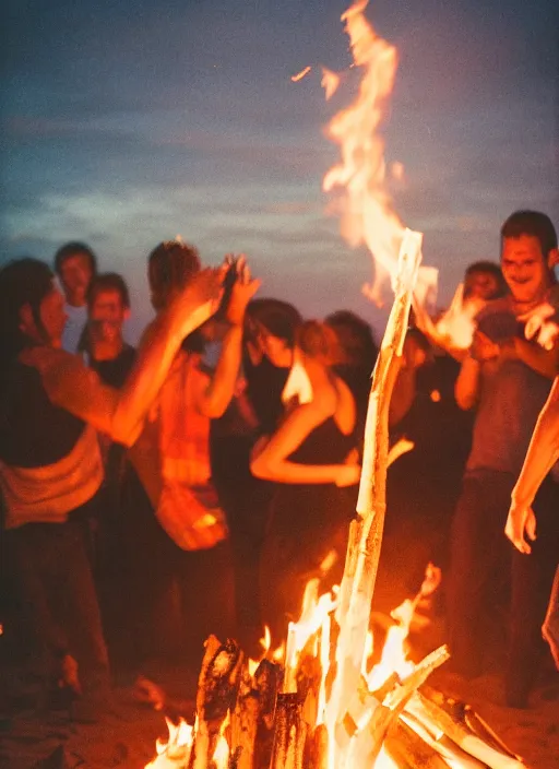 Image similar to photograph of people dancing around a bonfire on the beach, flash polaroid, golden hour