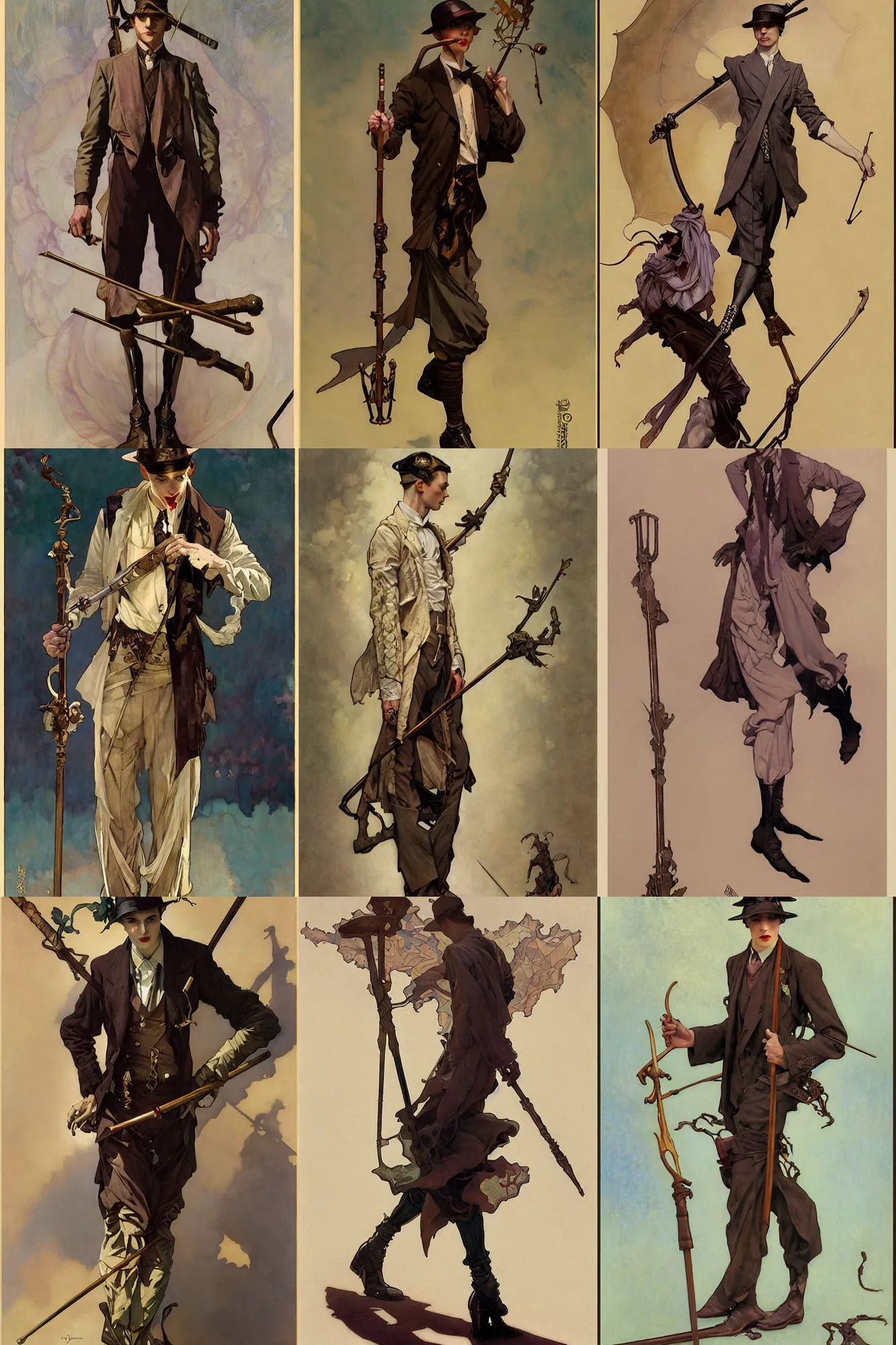 Prompt: young male with walking stick, 1 9 2 0 s fashion, fantasy, art by joseph leyendecker, peter mohrbacher, dean cornwell, ruan jia, marc simonetti, ayami kojima, alphonse mucha, cedric peyravernay, tom bagshaw, victo ngai