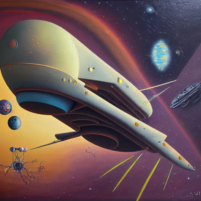 Image similar to an oil on canvas painting of a spaceship, polycount, surrealism, surrealist, cosmic horror, high detail