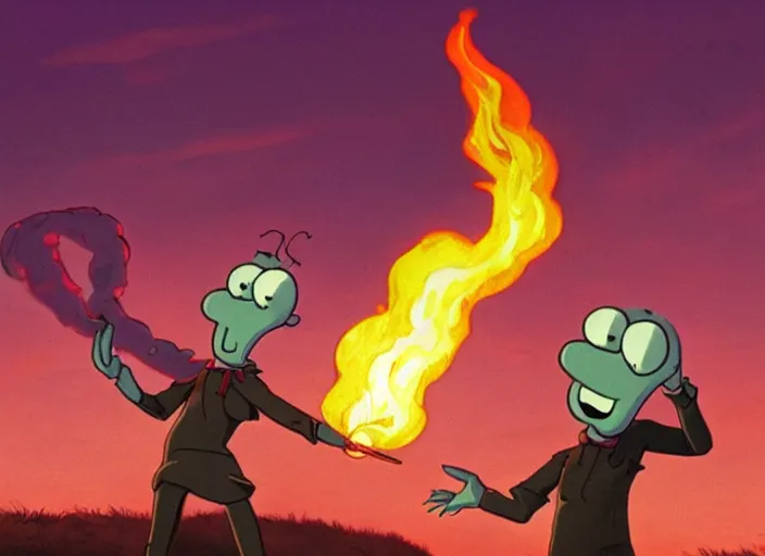 Prompt: squidward practicing firebending in an open field at susnset