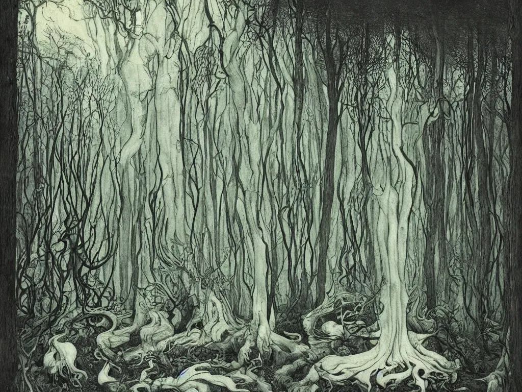 Prompt: forest, artstation, by aubrey beardsley, by caspar david friedrich, by laurie lipton, by kay nielsen, by ivan shishkin, calligraphy, divine, paradox, mycelium, as symbol of soul - journey!, terrifying wilderness, witchcraft!, hope