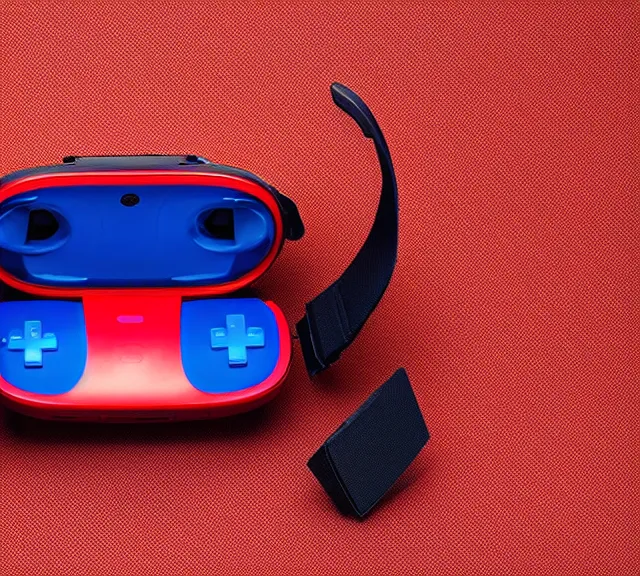 Image similar to a 4 k photorealistic photo product photo of a nintendo red and blue vr headset.