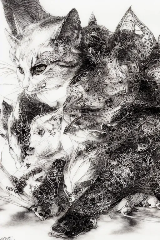 Prompt: Kitten vampire lord, pen and ink, intricate line drawings, by Yoshitaka Amano, Ruan Jia, Kentaro Miura, Artgerm, watercolor