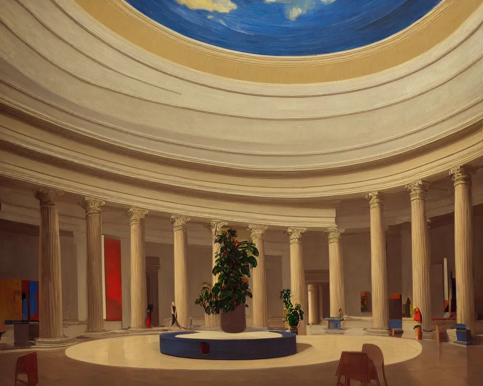 Prompt: an achingly beautiful print of the interior rotunda of a modern art museum with vibrant paintings lining the walls, potted plants, and classical antiquities by Raphael, Hopper, and Rene Magritte. detailed, romantic, enchanting, trending on artstation.