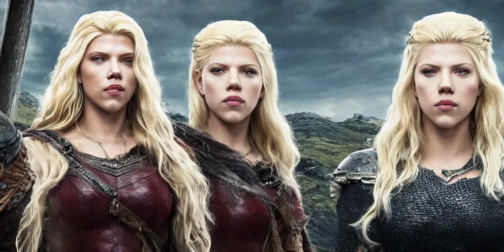 Prompt: Scarlett Johansson and Katheryn Winnick, with a scar and white hair, in the TV series Vikings