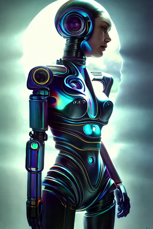 Image similar to ultra detailed, the creation of a female android, sci - fi, triadic color scheme, eerie, cyborg, cyberpunk, fantasy, triadic color scheme, octane render, matte painting, asymmetrical, intricate concept art, triadic color scheme, art by artgerm and michelangelo and dzo and greg rutkowski and alphonse mucha and wlop