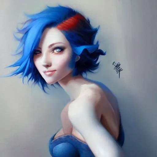 Image similar to a beautiful painting of a smiling woman with stylish short blue hair representative of the art style of artgerm and wlop and peter mohrbacher