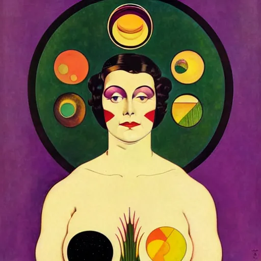 Image similar to Art in the style of Coles Phillips, Gaia, Full figured Mother Earth, portrait, Herbert Bayer, Kandinsky