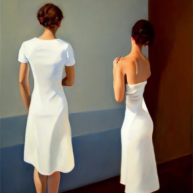Image similar to a painting of a woman in a white dress, a photorealistic painting by julio larraz, trending on cg society, figurative art, hyper realism, oil on canvas, detailed painting