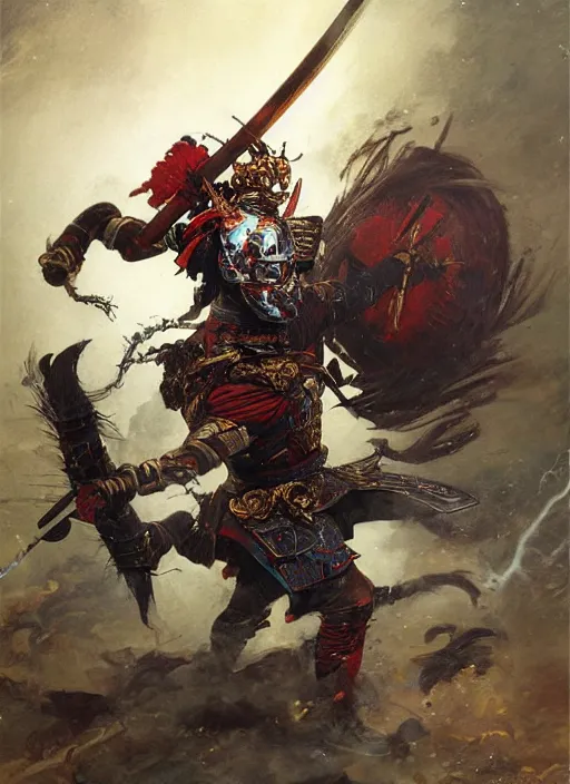 Image similar to A full portrait oil painting of a godlike and psychedelic helmeted and masked Samurai holding a katana above his head an running into battle, japanese god of war armor, by Frank Frazetta, Greg Rutkowski, Boris Vallejo, epic fantasy character art, Exquisite detail, post-processing, low angle, masterpiece, cinematic, lightning