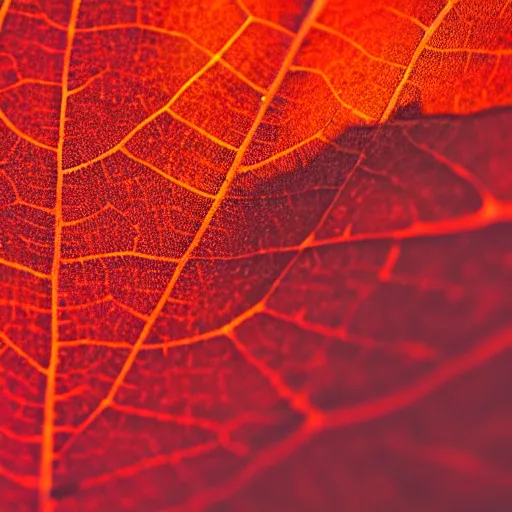 Prompt: closeup photo of a red leaf at sunset, backlighted, professional photo, nikon d 7 2 0 0, f / 1. 8