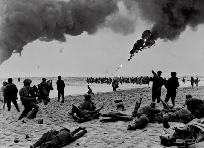 Image similar to vintage photo of a pizza party on omaha beach in normandy with explosions and battle in the background