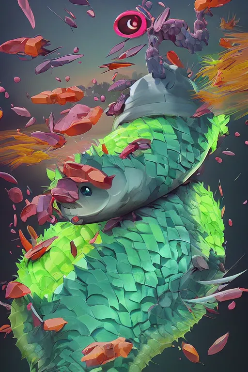 Image similar to 3 d render creature animal sushi cristal very big eye roots cactus elemental flush of force nature micro world fluo fishscale, comics gta 5 cover, official fanart behance hd artstation by jesper ejsing, by rhads, makoto shinkai and lois van baarle, ilya kuvshinov, ossdraws