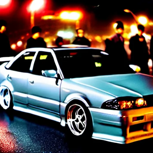 Image similar to a car JZX100 at illegal car meet, Shibuya prefecture, city midnight mist, cinematic color, photorealistic, highly detailed, 200MM