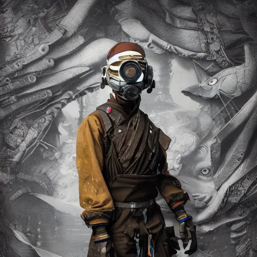 Image similar to japanese solarpunk ninja in an art gallery with extremely detailed respirators and head gear, inspired by die antwoord beautiful, hand painted textures, cloth physics, deviantart, karol bak, masamune shirow, black and white, beautiful kawaii lighting, photorealistic, concept art, perfect render, 3 d render, pixar, 8 k