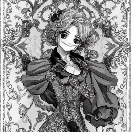 Prompt: a woman smiling, baroque style, black and white, elegant, beautiful, mesmerizing, concept art, fancy clothing, highly detailed, artstation, behance, deviantart, inspired by innocent manga, trending, shinichi sakamoto