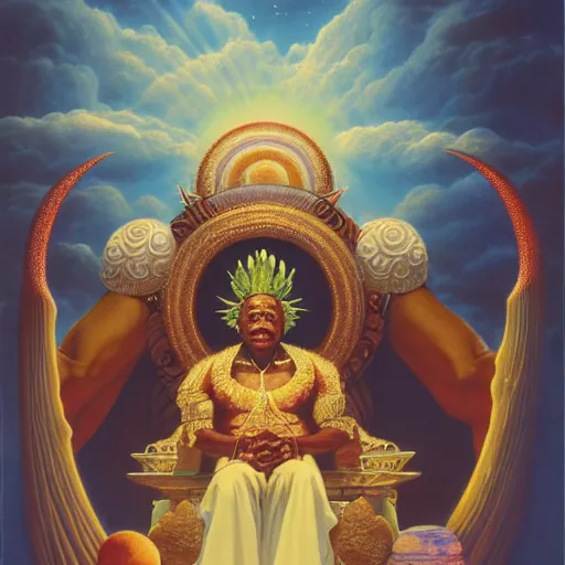 Prompt: obatala the cosmic god sitting on a throne of nebula clouds, by Adi granov and thomas blackshear, matte painting, orisha, 8k, hd