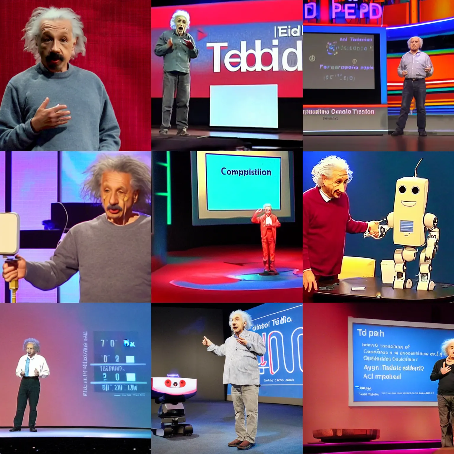Prompt: <picture quality=hd+ mode='attention grabbing'>Brilliant einstein robot presents TED talk about the future of computation</picture>
