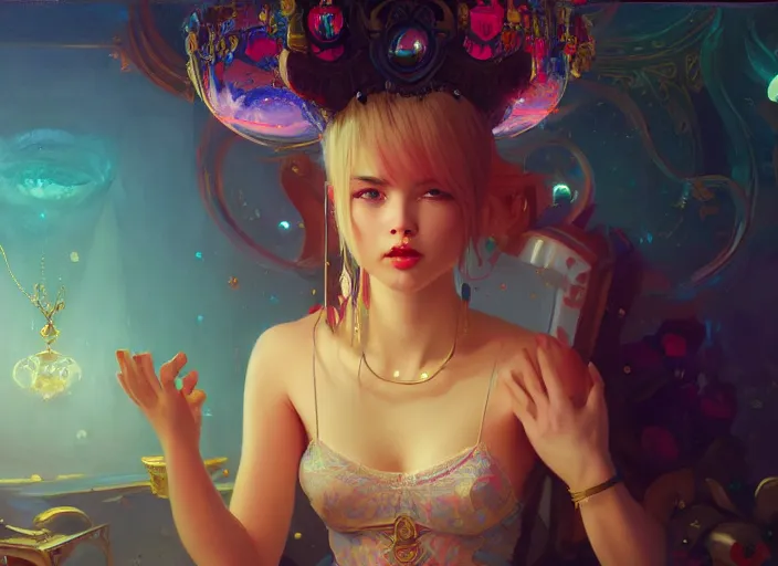 Prompt: wide view picture of a extremely beautiful and aesthetic girl, sitting on the throne, centred position, bright hair, floating greed cubes on the background, lighting eyes, magic circle on the hand, magic and fantasy, highly detailed cute face, specular reflection, occlusion shadow, intricate, masterpiece, by ilya kuvshinov and jeremy lipking and quentin mabille