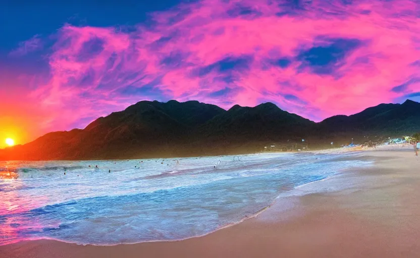 Prompt: beatiful landscape of the beach and mountains behind, vaporwave, sunset, photo