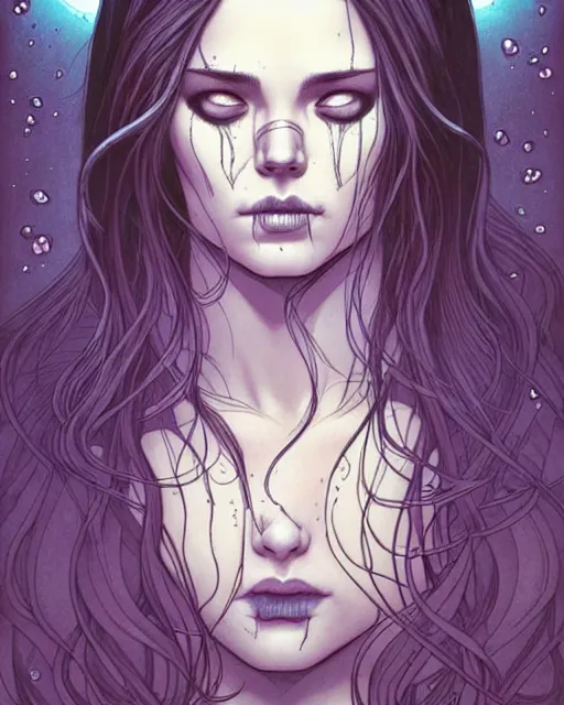 Image similar to comic cover art of a beautiful girl with tears in her eyes, skulls in the background, illustration by jenny frison and sana takeda, intricate details, stunning inking lines, stunning gradient colors, 4 k, hd, artstation, award winning