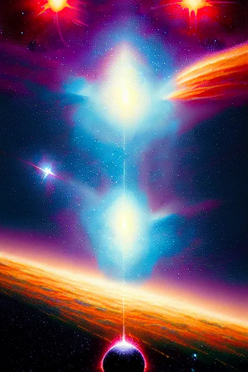 Image similar to celestial collision, birth of a star by christopher balaskas and john harris and dan mumford, hyperrealistic, high detail, ultra detailed, space, nebula, sharp focus, stellar formation, astronomy, science