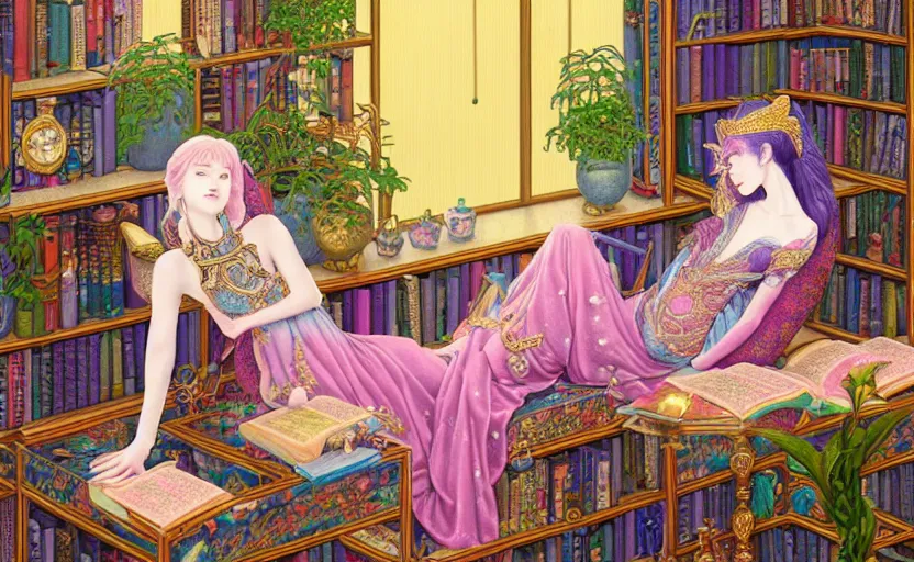 Image similar to a detailed fantasy pastel portrait of a woman wizard in ornate clothing lounging on a purpur pillow on the marble floor in front of her bookcase in a room, reading an ancient tome. to the side is a potted plant. ancient retrofuturistic setting. 4 k key art. raytracing, by chie yoshii and yoshitaka amano.