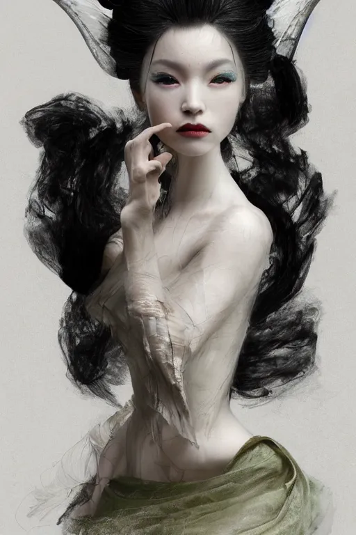 Image similar to >> photography portrait by Paolo Roversi of an archangel geisha, fantasy style fashion, dynamic pose , white paled skin , some curved armor , olive skin, long dark hair, beautiful bone structure, symmetrical facial features, intricate, elegant, digital painting, concept art, smooth, sharp focus, illustration, by Ruan Jia and Mandy Jurgens , and mucha, and Artgerm and William-Adolphe Bouguerea